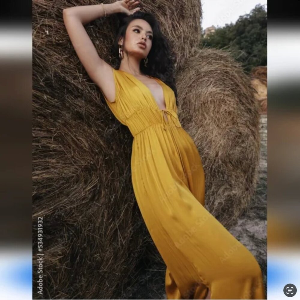 Zara Gold Yellow Satin Pleated Jumpsuit